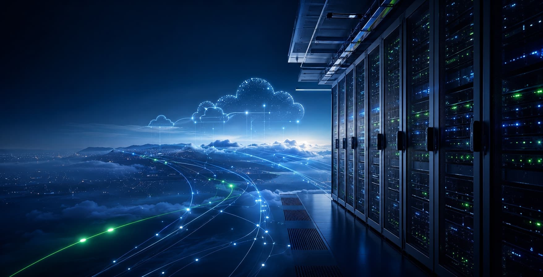 Cloud and data-centre infrastructure representing flexible managed Linux hosting